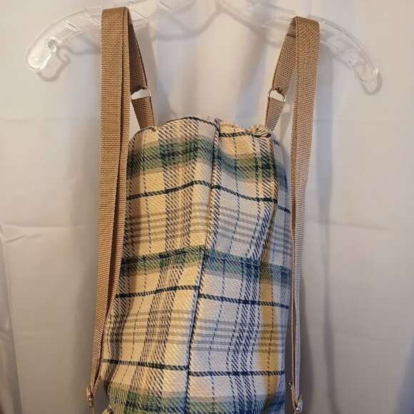 New Plaid Retro Tote Double handle Bucket Backpack Tote Bag Ivory Green School - Picture 8 of 11